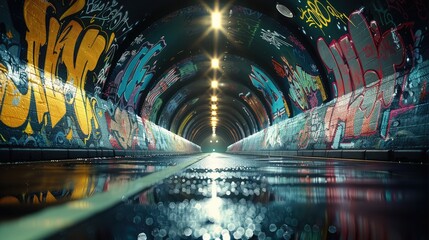 Poster - A dynamic urban tunnel at night, its walls vibrantly decorated with graffiti art. The tunnel is illuminated by futuristic streetlights that cast defined, long shadows on the road.