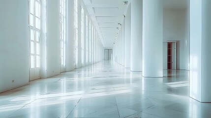 Wall Mural - a long empty white wall along an modern interior building with high ceilings.