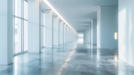 Wall Mural - a long empty white wall along an modern interior building with high ceilings.