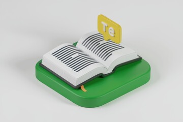 Fototapete - 3D rendering of an open book with a speech bubble saying 'Te', representing learning or reading.