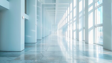 Wall Mural - a long empty white wall along an modern interior building with high ceilings.