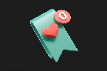 Fototapete - Teal bookmark with a red heart and zero notification count, 3D render.