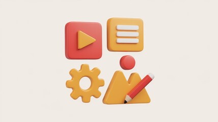 Fototapete - 3D illustration of colorful icons representing video, menu, settings, design, and creativity.