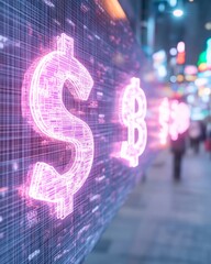 Poster - Digital Currency Symbols in a Neon-Lit Urban Market Scene