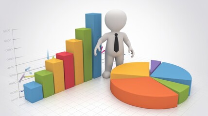 Aufkleber - 3D rendering of a businessman standing beside bar and pie charts, visualizing business growth and data analysis.