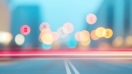 Poster - Financial District Skyline with Blurred Highway and Currency Symbol Lights at Dusk