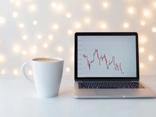 Poster - Minimalistic Workspace with Laptop Displaying Currency Graph and Coffee Cup in Soft Lighting