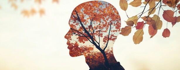 Poster - The double exposure of  Nature's art mindful silhouette and autumn leaves in tranquil setting