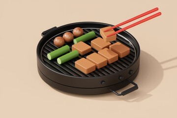 Poster - A minimalist 3D rendering of a small grill with tofu, asparagus, and meatballs.