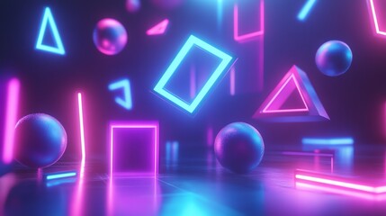 Wall Mural - a 3d rendering of geometric shapes in a neon-lit room.