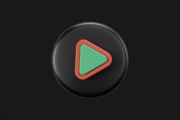 Fototapete - A 3D rendering of a play button, featuring a layered teal triangle on a black circular background.