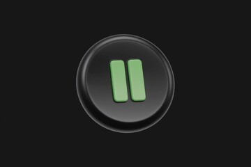 Fototapete - A 3D render of a black circular button with two light green pause symbol.