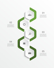 Green vertical infographic template with 5 steps, options, parts or processes.