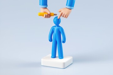 Fototapete - Hands using a screwdriver to fix a blue human figure.