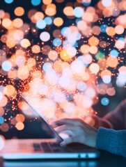 Leinwandbilder - Digital Multitasking and Technology Overload Abstract Visual of a Person Engaged with Devices Amidst Dynamic Light Streams