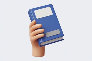 Fototapete - A 3D cartoon hand holds a blue book with blank labels, symbolizing learning and knowledge.