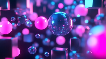 Wall Mural - a 3d rendering of geometric shapes in a neon-lit room.