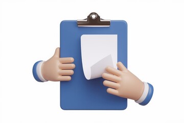 Leinwandbilder - 3D cartoon hands holding a blue clipboard with a blank sheet of paper, ready for notes or information.