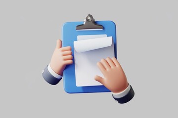 Leinwandbilder - Cartoon hands hold a blue clipboard with a blank sheet of paper, ready for notes or tasks.