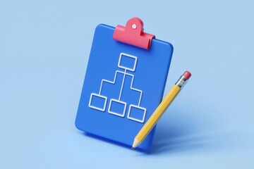 Poster - A blue clipboard displays an organizational chart; a pencil rests nearby, suggesting planning or revision.