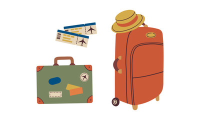 Two airline luggage hangs from a suitcase , airline tickets . Travel luggage hand drawn vector illustration isolate on white. Flat style travel illustration ,cozy elements poster concept.