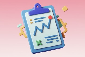 Poster - A 3D rendering of a clipboard displaying a graph, checklist, and cross mark, symbolizing data analysis and planning.