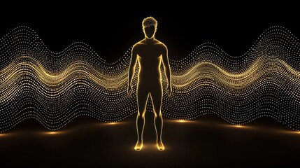 Leinwandbilder - Dynamic human form surrounded by golden waves abstract digital art dark environment