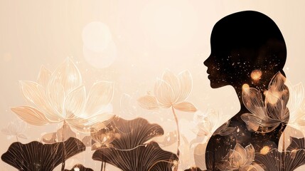 Aufkleber - The silhouette of Silhouette of a woman amidst lush lotus flowers serene nature scene artistic view