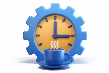 Leinwandbilder - A 3D render of a gear-shaped clock with a cup of coffee, symbolizing productive work breaks.