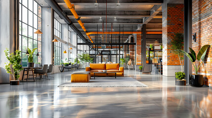 Poster - Industrial Chic Lobby: A modern and spacious industrial-style lobby, bathed in warm sunlight streaming through expansive windows, showcases sleek furniture and vibrant green plants.