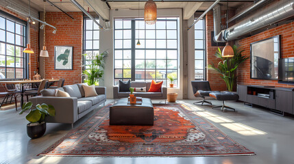 Poster - Industrial Chic Loft Living: A contemporary living space boasts exposed brick walls, oversized windows that flood the room with natural light.