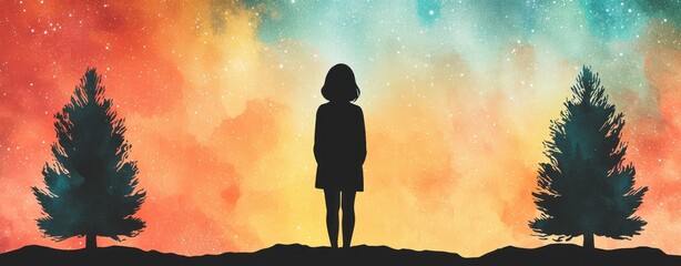 Aufkleber - Silhouette of a girl amidst colorful sky and trees nature digital art dreamlike viewpoint