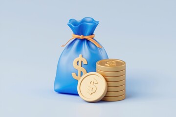 Aufkleber - A blue money bag with a dollar sign and a stack of gold coins symbolizes wealth and finance.