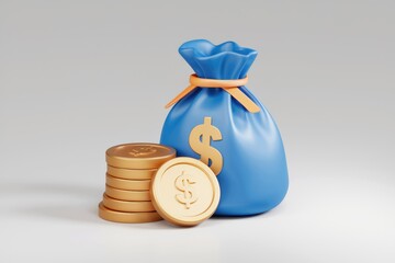 Aufkleber - A 3D rendering of a blue money bag with a stack of gold coins, symbolizing wealth and finance.