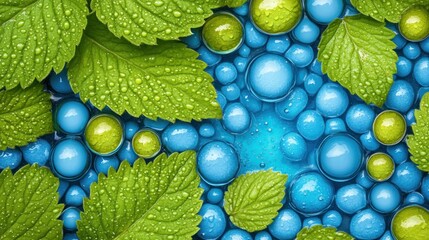Poster - Vibrant water droplets on green leaves nature close-up freshness and serenity