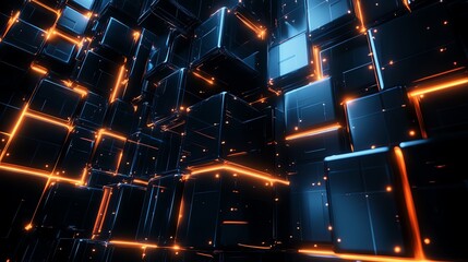 Wall Mural - a pattern of black cubes with glowing orange lines.