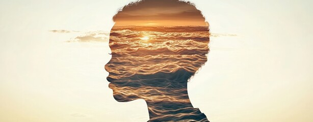 Aufkleber - Double Exposure Image of  Double Exposure Image of  Serene ocean sunset an artistic profile portrait in nature's reflection