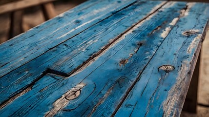 Wall Mural - Rustic empty blue wooden table planks with wear & grain texture surface, natural weathered look. product placement, background, textures & grunge aged decoration