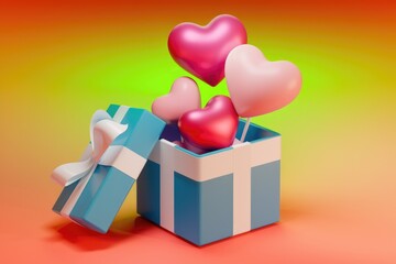 Poster - Heart-shaped balloons popping out of a teal gift box, a delightful Valentine's surprise.