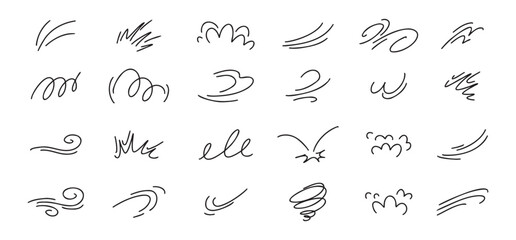Doodle line wind moving set. Breath of the typhoon. Flat wind moves Vector isolated illustration