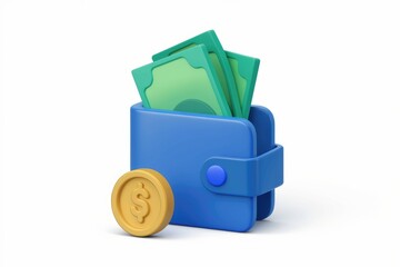 Aufkleber - A 3D rendering of a blue wallet with cash and a gold coin, symbolizing finance and wealth.