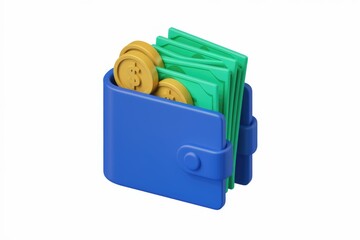 Aufkleber - A blue wallet with green banknotes and golden coins, symbolizing savings and finance.