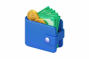 Aufkleber - A blue wallet with dollar bills and gold coins, illustrating financial wealth and prosperity.