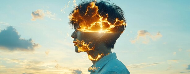 Aufkleber - Double Exposure Image of  Creative portrait of a person with surreal cloud imagery outdoor setting inspirational art