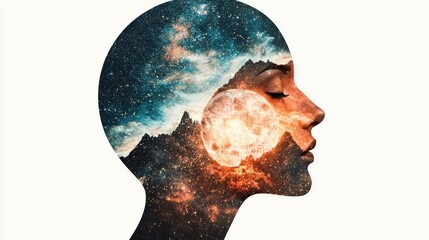 Aufkleber - Double Exposure Image of  Artistic minimalism a side view of cosmic consciousness and the universe
