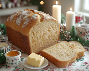 Canvas Print - Homemade loaf of bread sliced, butter, honey, Christmas setting.