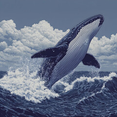 Wall Mural - humpback whale breaching ocean waves, under cloudy sky.