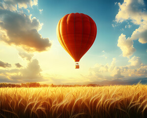 Wall Mural - Red hot air balloon flying over golden wheat field at sunset.