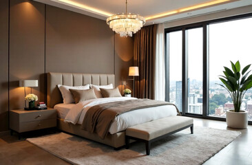 Luxury bedroom interior design with big bed and lamp, nobody inside