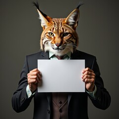 Wall Mural - Anthropomorphic lynx holding blank sign, Business dressed.